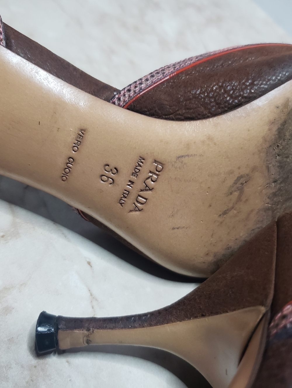 Prada Brown Pointed Kitten Heels with Pink Trim and Buckle Size 36 - Picture 7 of 8